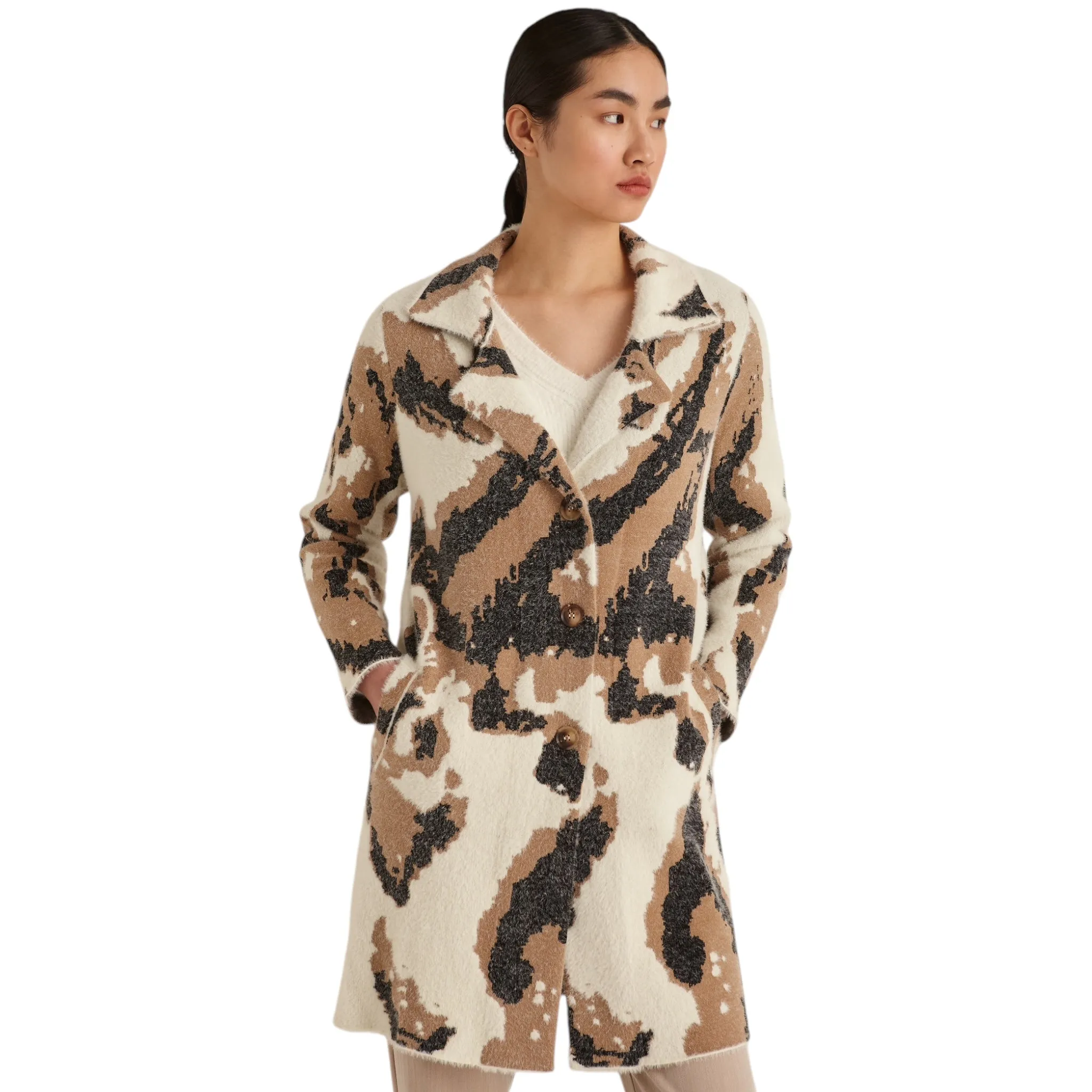 Marina V Long Cardigan Animal Print Ivory