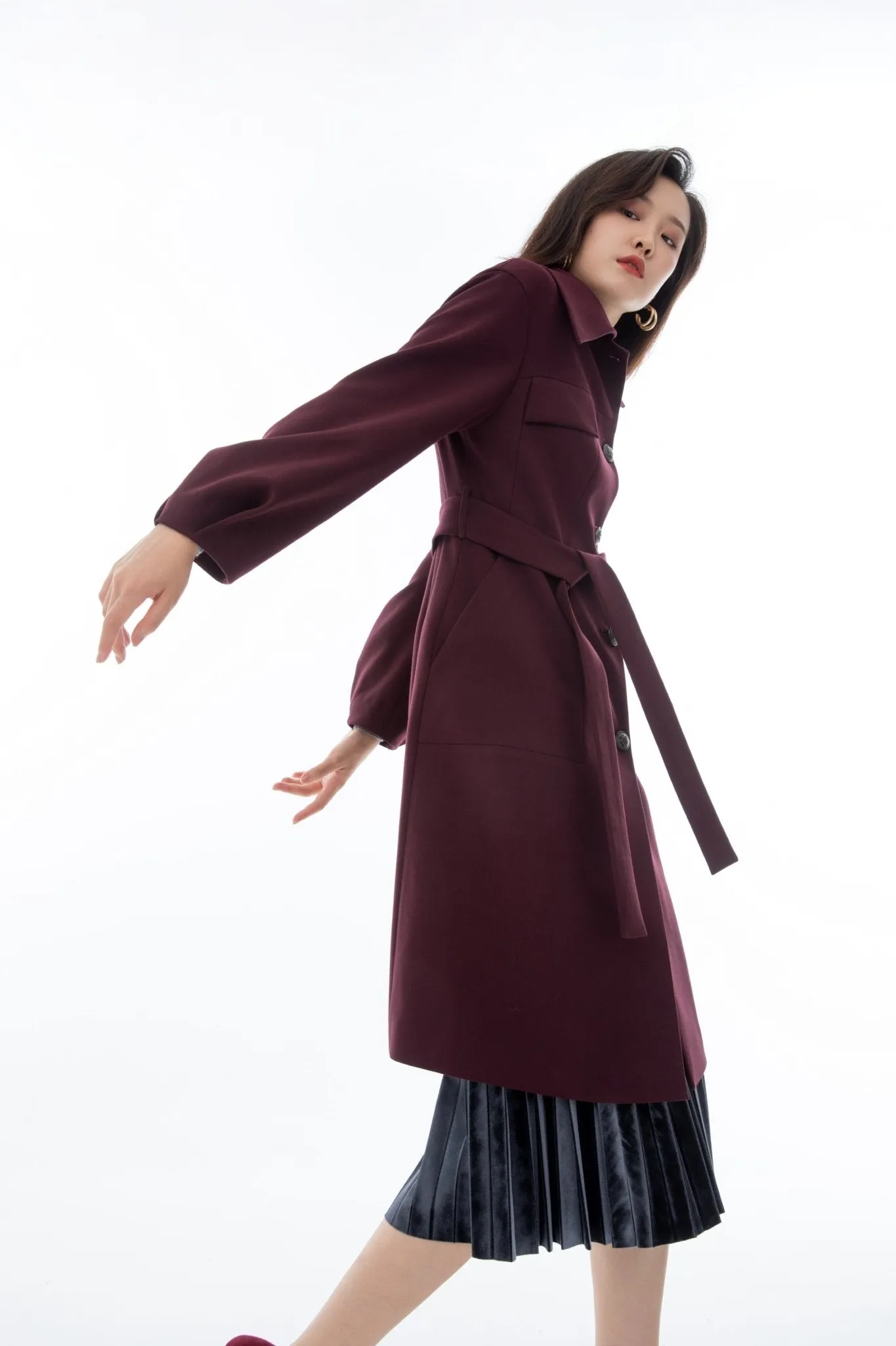 Maroon Long Overcoats Belted