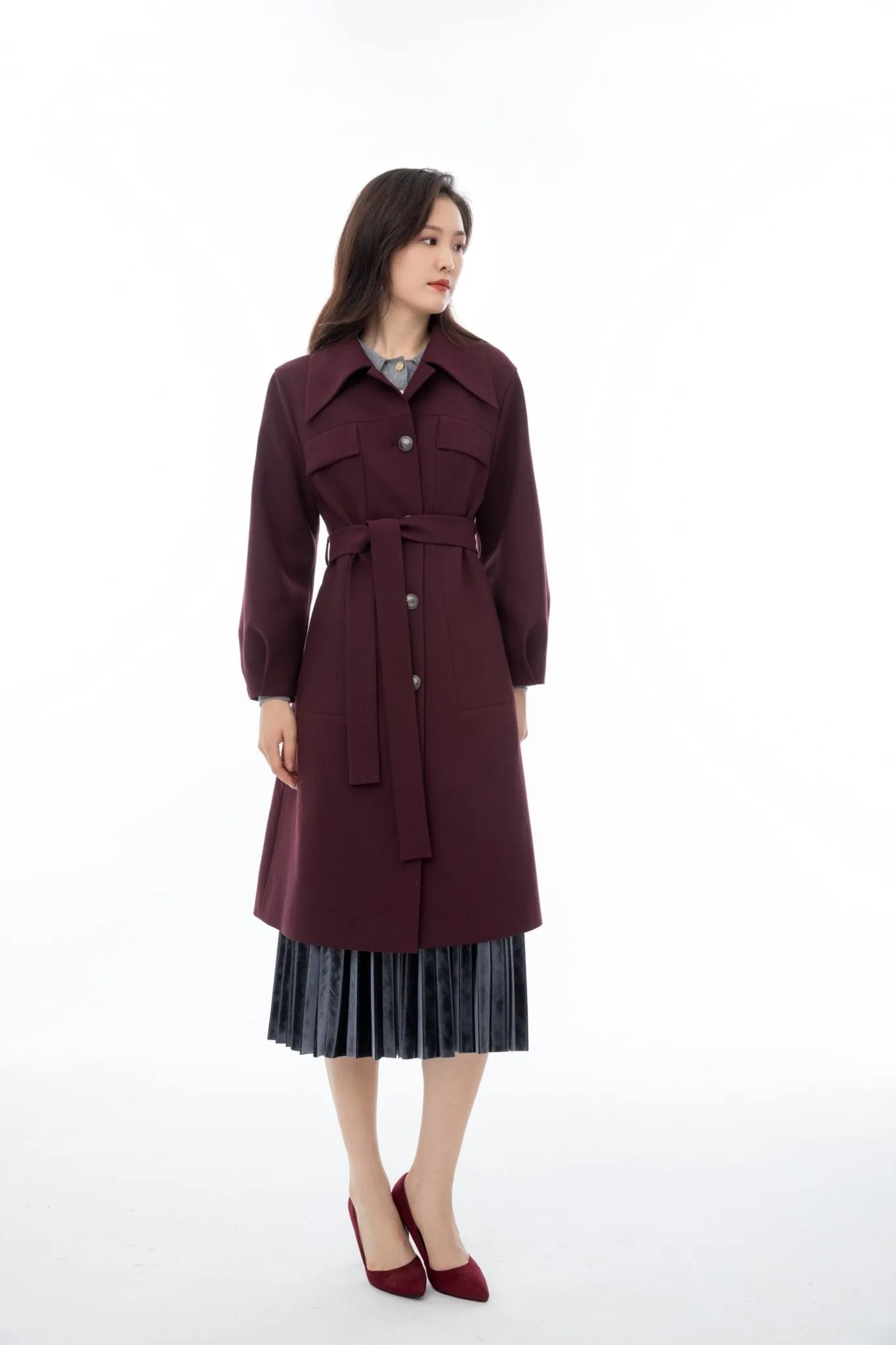 Maroon Long Overcoats Belted