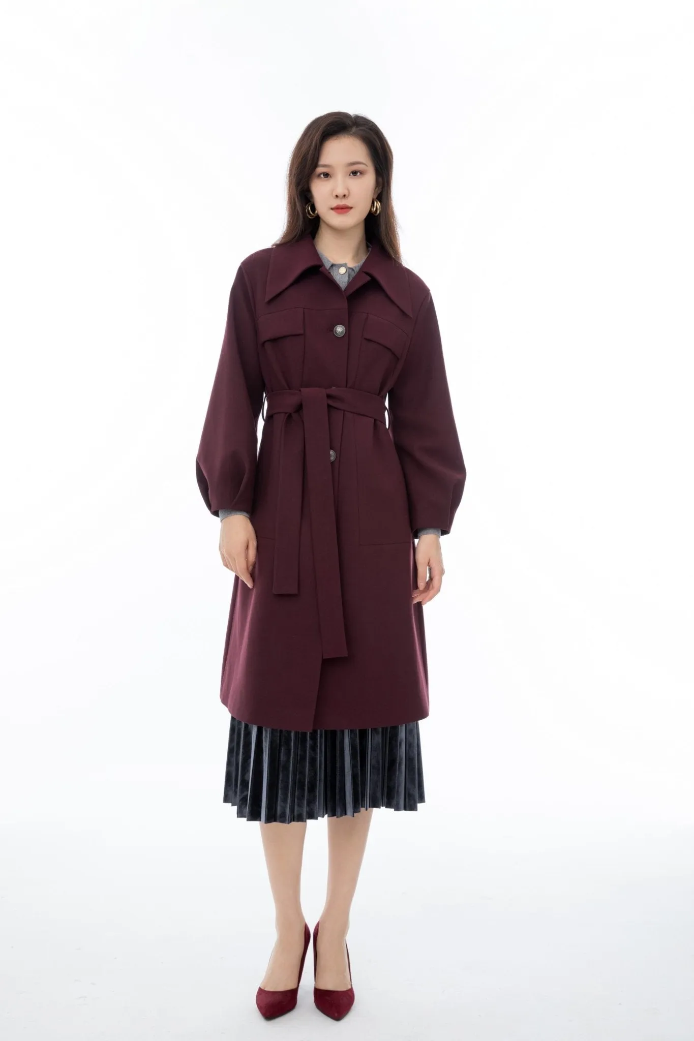 Maroon Long Overcoats Belted