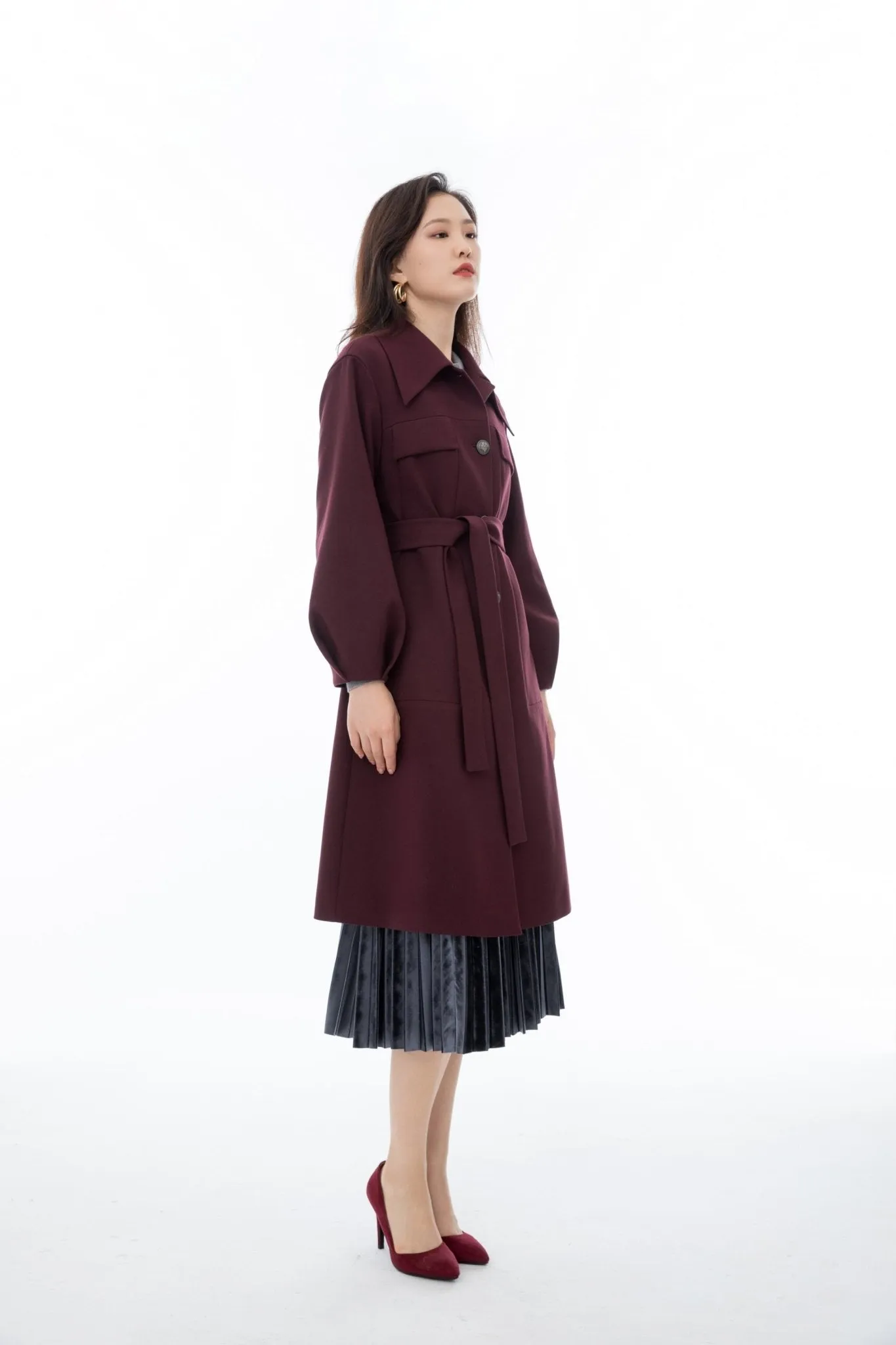 Maroon Long Overcoats Belted