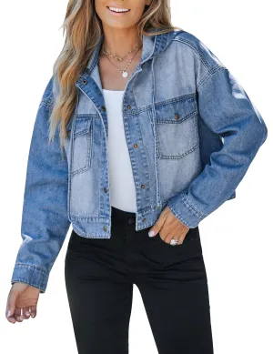 Medium Blue Women's Denim Jackets Vintage Lightweight Cropped Button Down Jacket