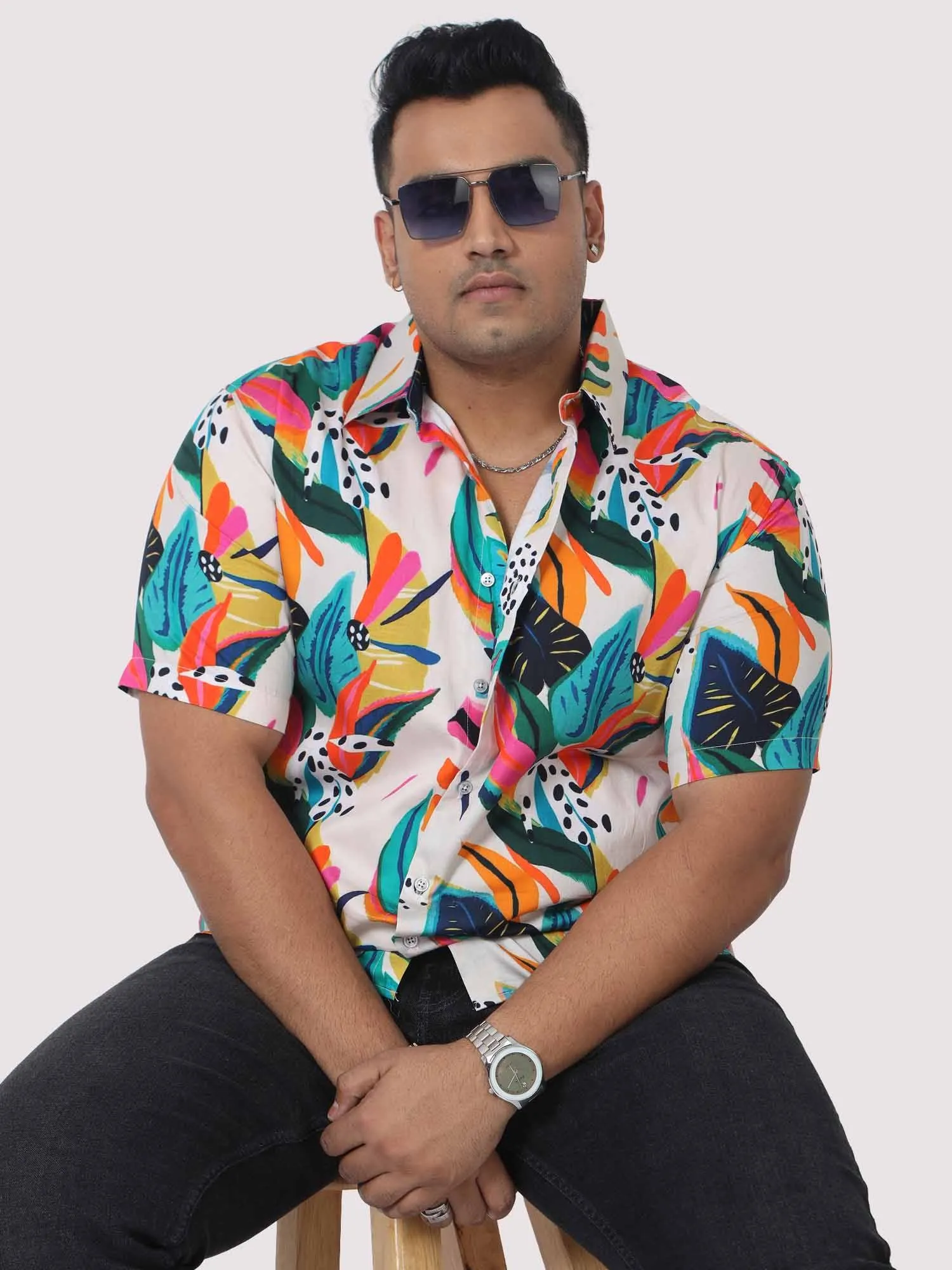 Men Plus Size Coloured Leaves Digital Printed Half Shirt