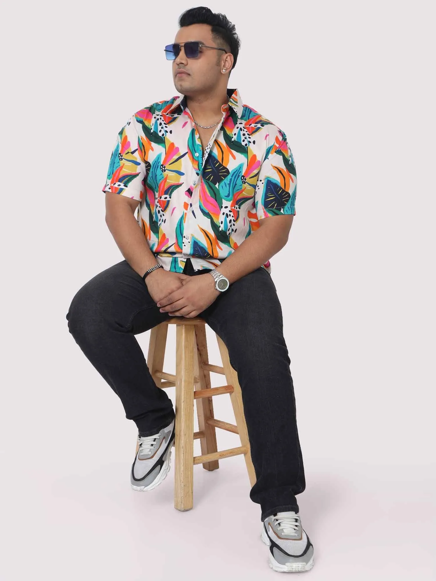 Men Plus Size Coloured Leaves Digital Printed Half Shirt