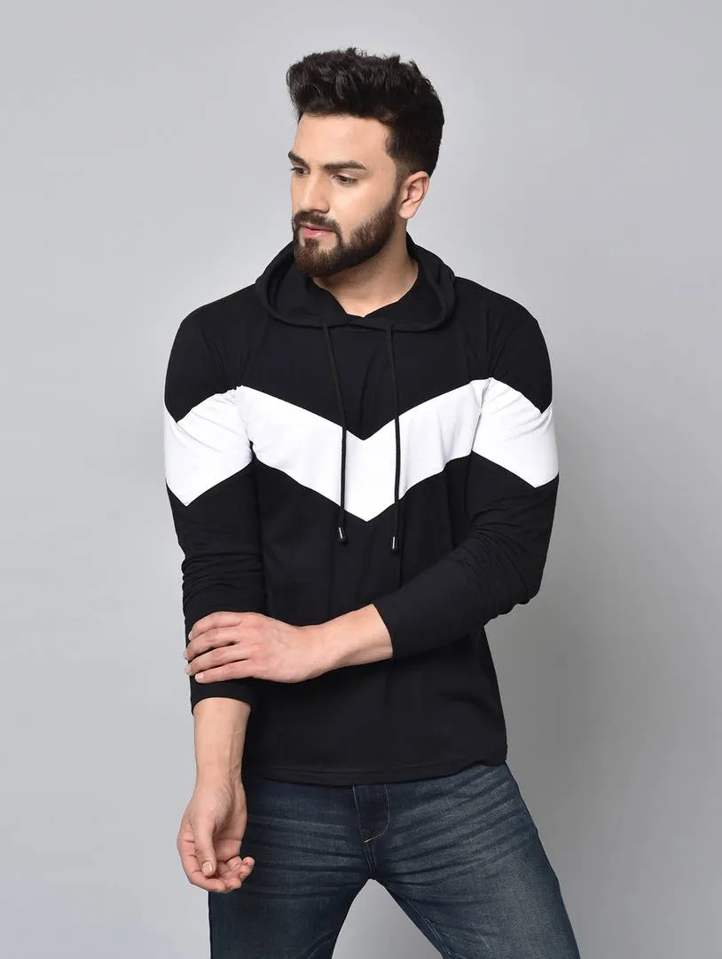 Men's Black Colourblocked Cotton Hooded Tees