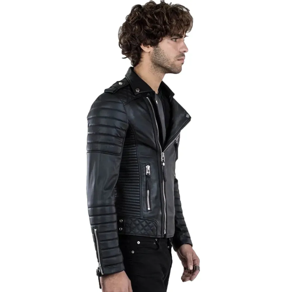 Mens Black Real Lambskin Leather Biker Jacket