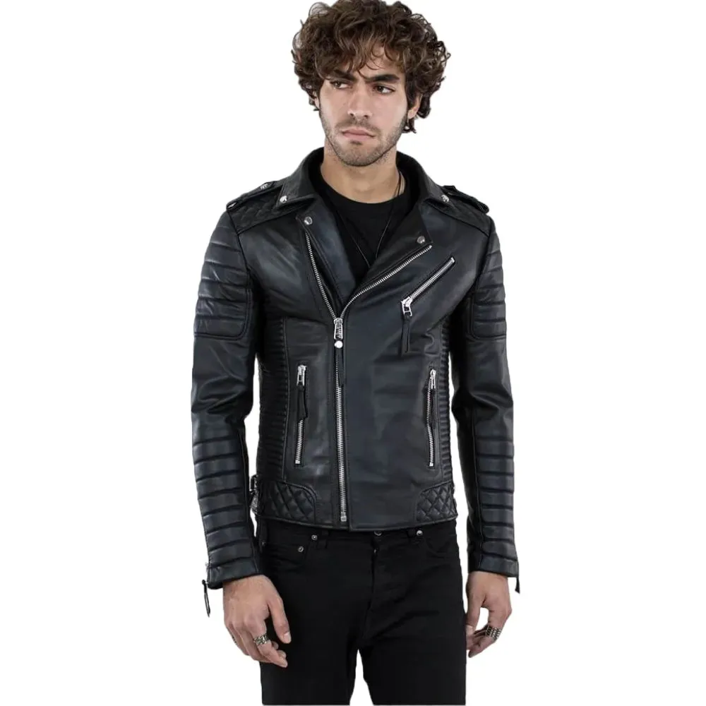 Mens Black Real Lambskin Leather Biker Jacket