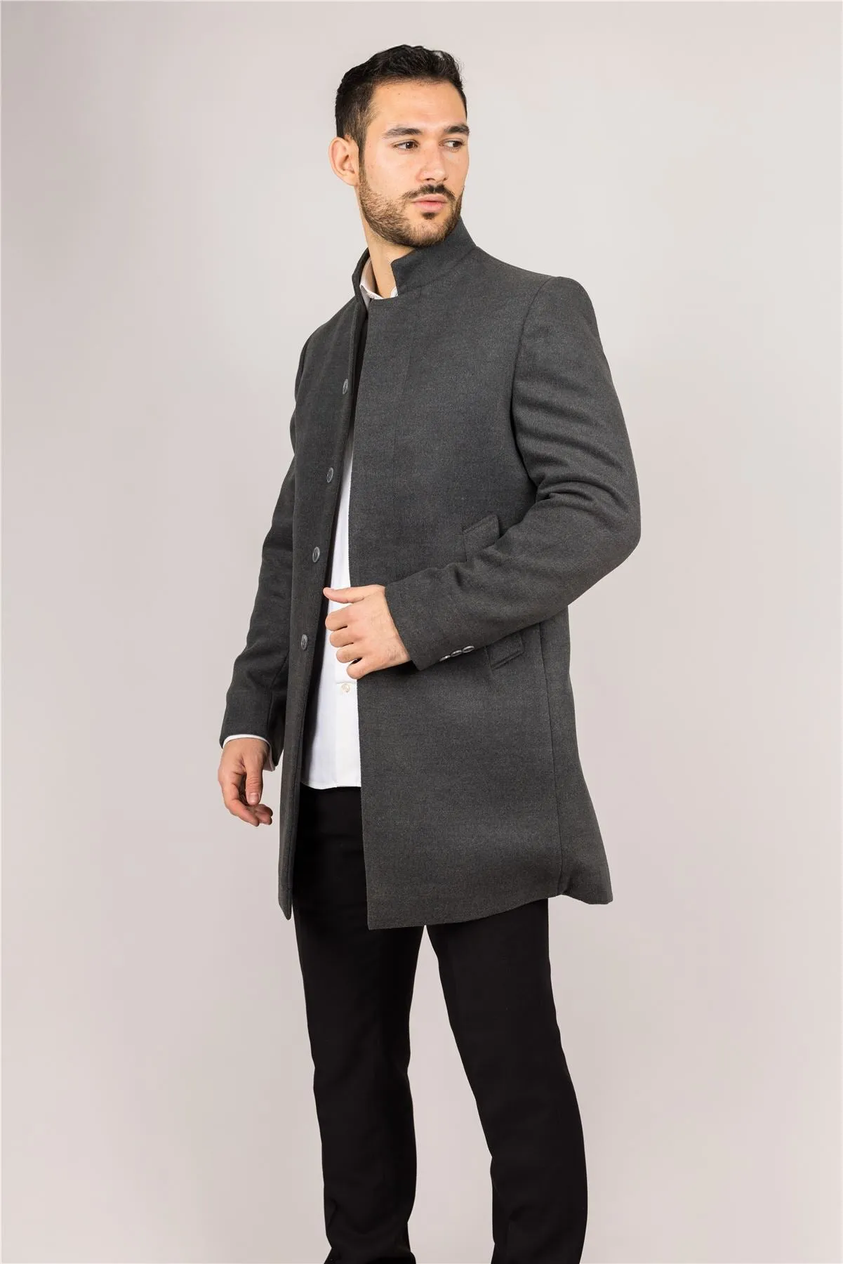 Men's Overcoat Stand Collar Wool Blend Classic Trench Coat Winter Jacket