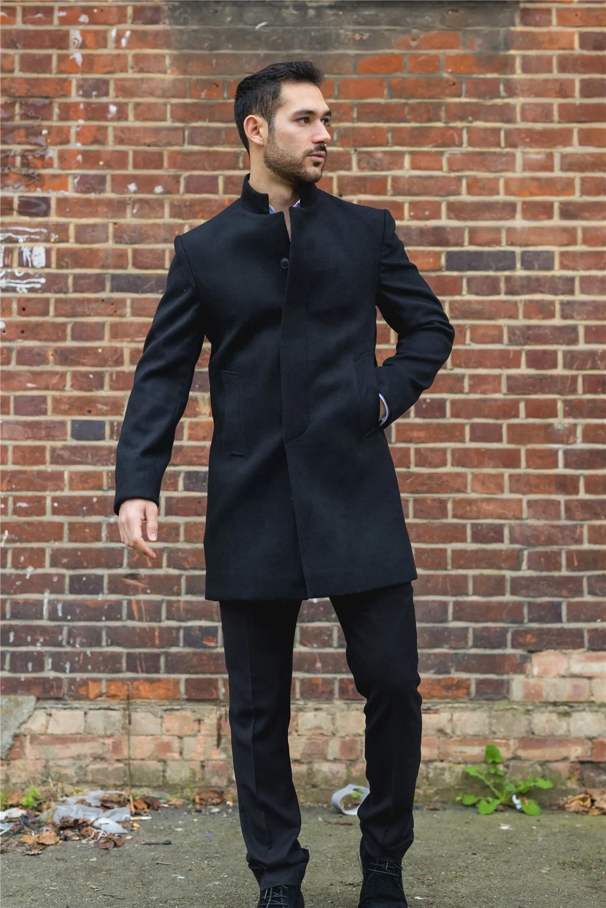 Men's Overcoat Stand Collar Wool Blend Classic Trench Coat Winter Jacket