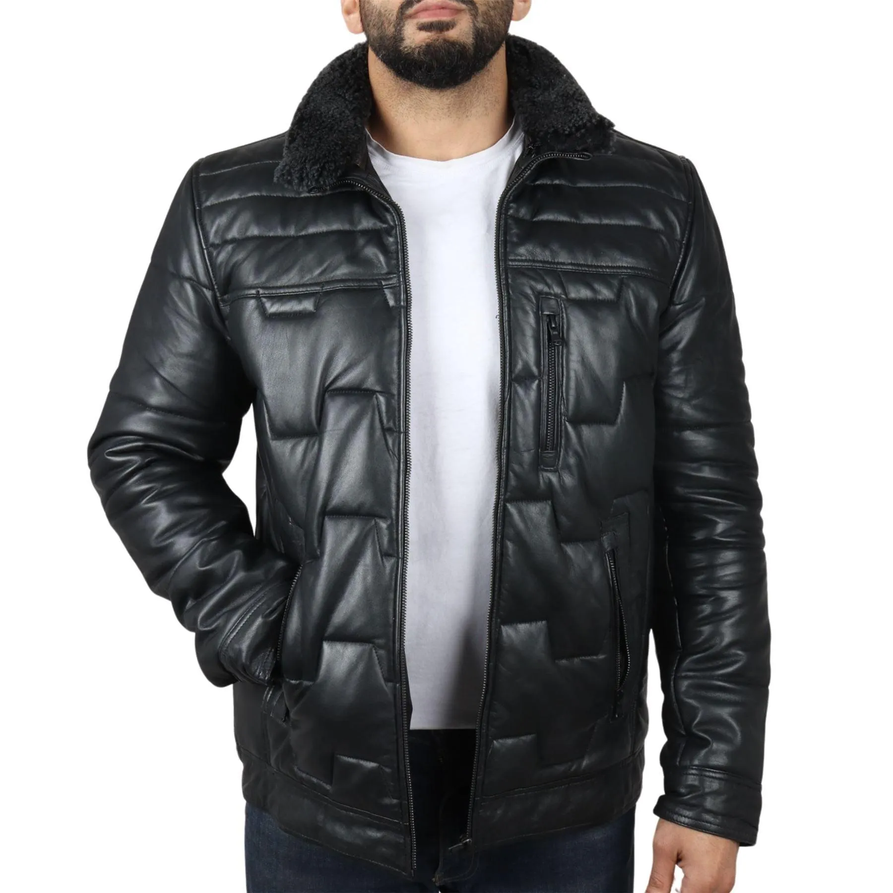 Men's Quilted Padded Real Leather Safari Parka Coat Jacket Fleece Collar