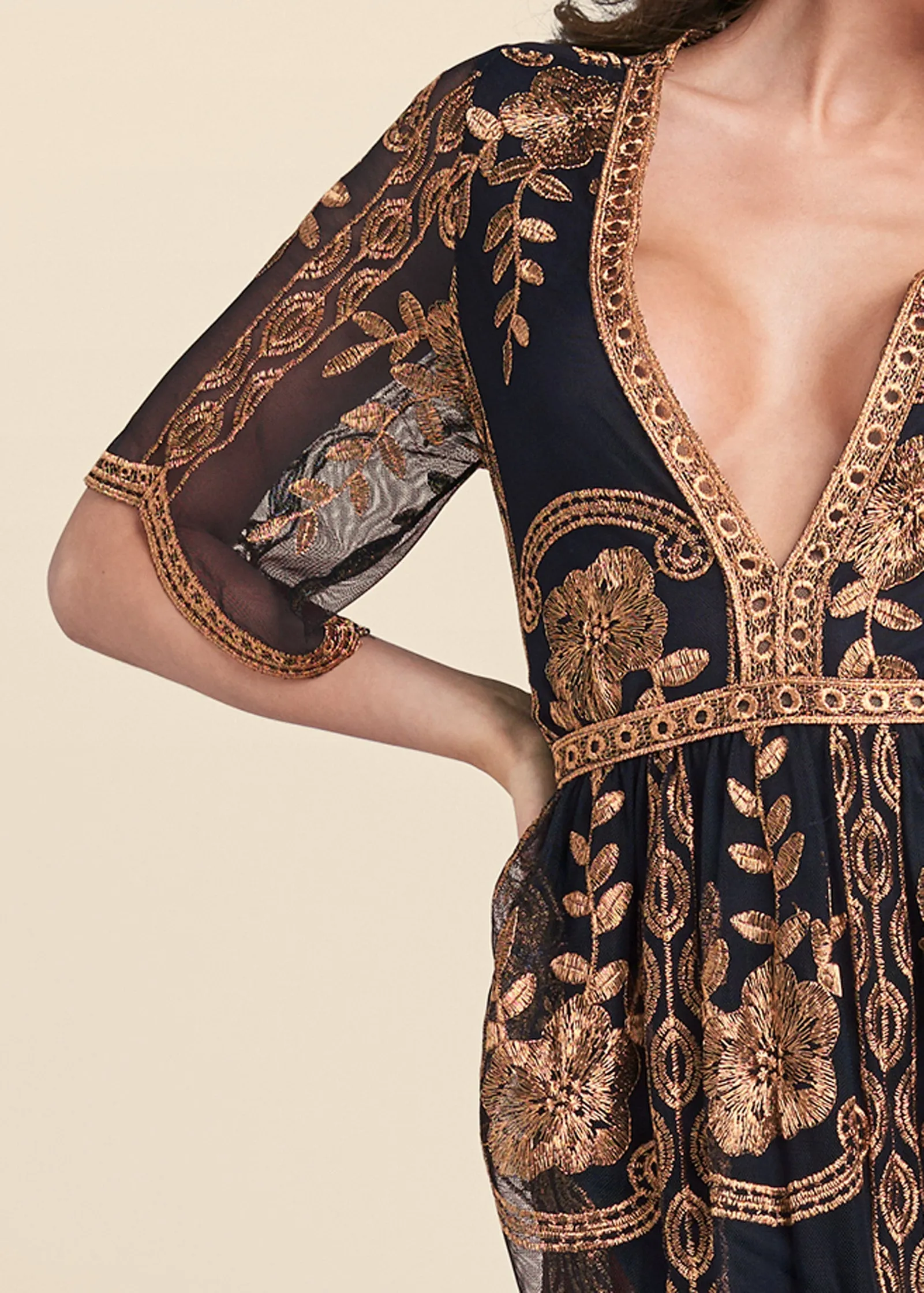 Metallic Embroidered Romper - Black & Gold