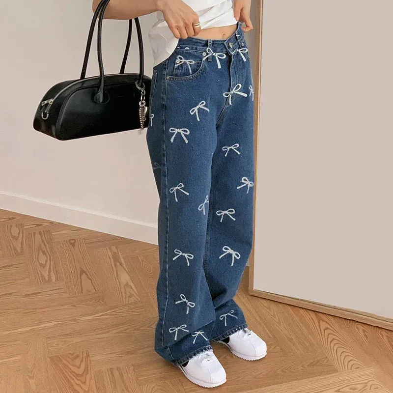 Metaversmall Korean Fashion Bow Pattern Printed Women Jeans Low Waisted Straight Leg Denim Trousers Cute Sweet Harajuku Sweatpants