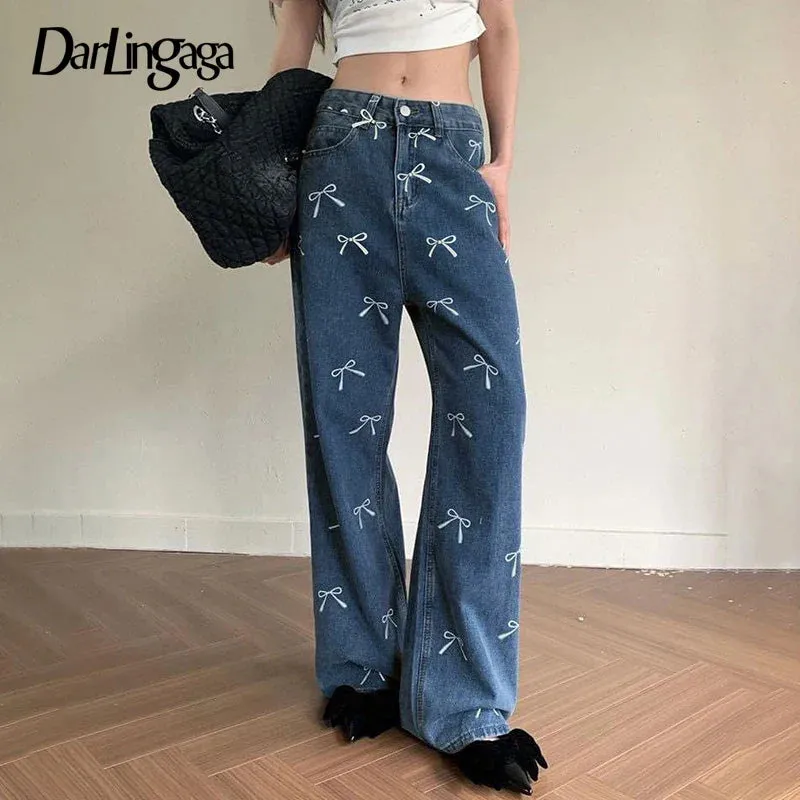 Metaversmall Korean Fashion Bow Pattern Printed Women Jeans Low Waisted Straight Leg Denim Trousers Cute Sweet Harajuku Sweatpants