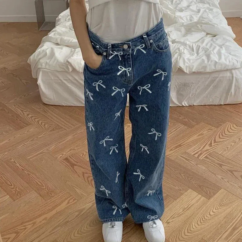 Metaversmall Korean Fashion Bow Pattern Printed Women Jeans Low Waisted Straight Leg Denim Trousers Cute Sweet Harajuku Sweatpants