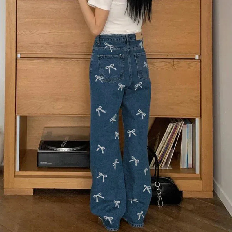 Metaversmall Korean Fashion Bow Pattern Printed Women Jeans Low Waisted Straight Leg Denim Trousers Cute Sweet Harajuku Sweatpants