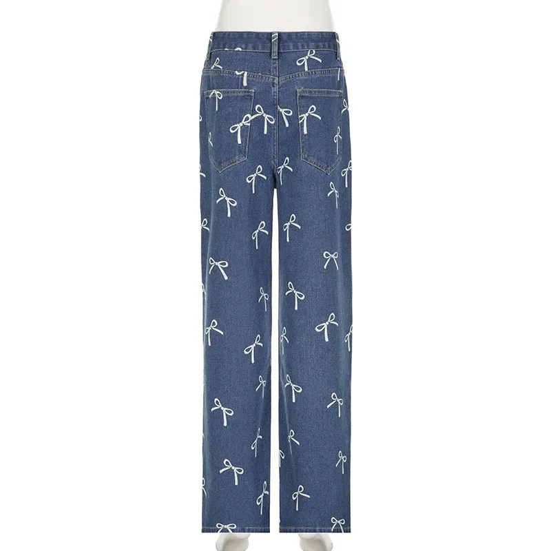 Metaversmall Korean Fashion Bow Pattern Printed Women Jeans Low Waisted Straight Leg Denim Trousers Cute Sweet Harajuku Sweatpants