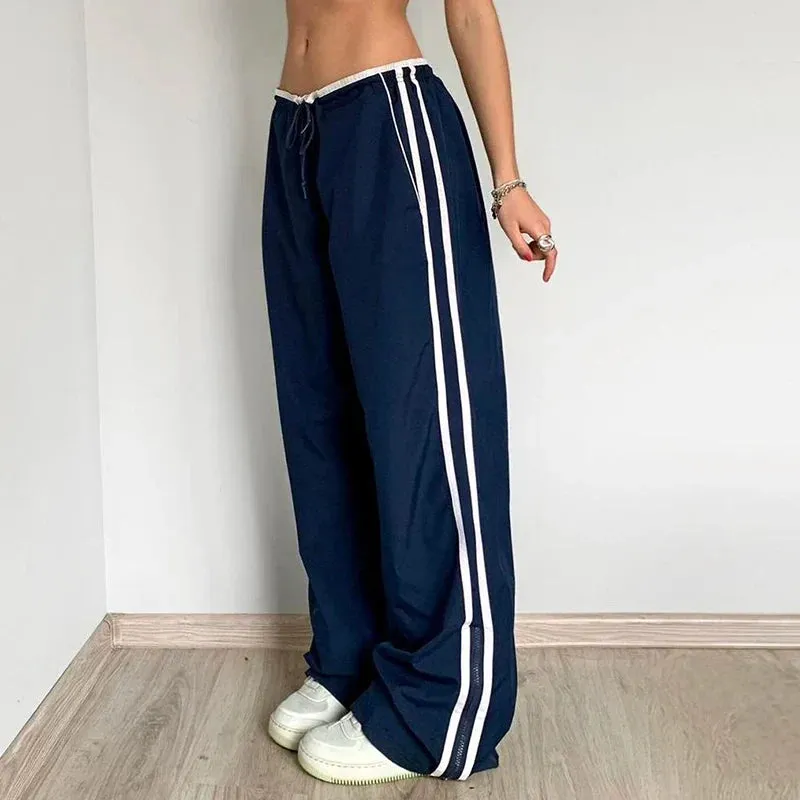 Metaversmall Streetwear Drawstring Stripe Women Trousers Straight Leg Casual Baggy Pants Patchwork Sporty Joggers Sweatpants 2024