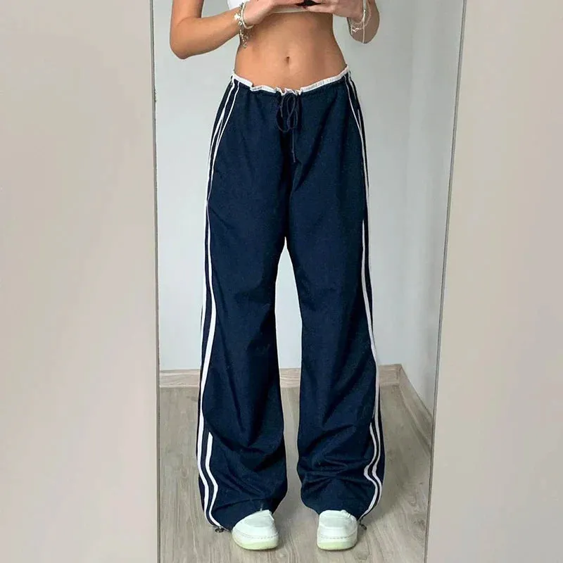 Metaversmall Streetwear Drawstring Stripe Women Trousers Straight Leg Casual Baggy Pants Patchwork Sporty Joggers Sweatpants 2024