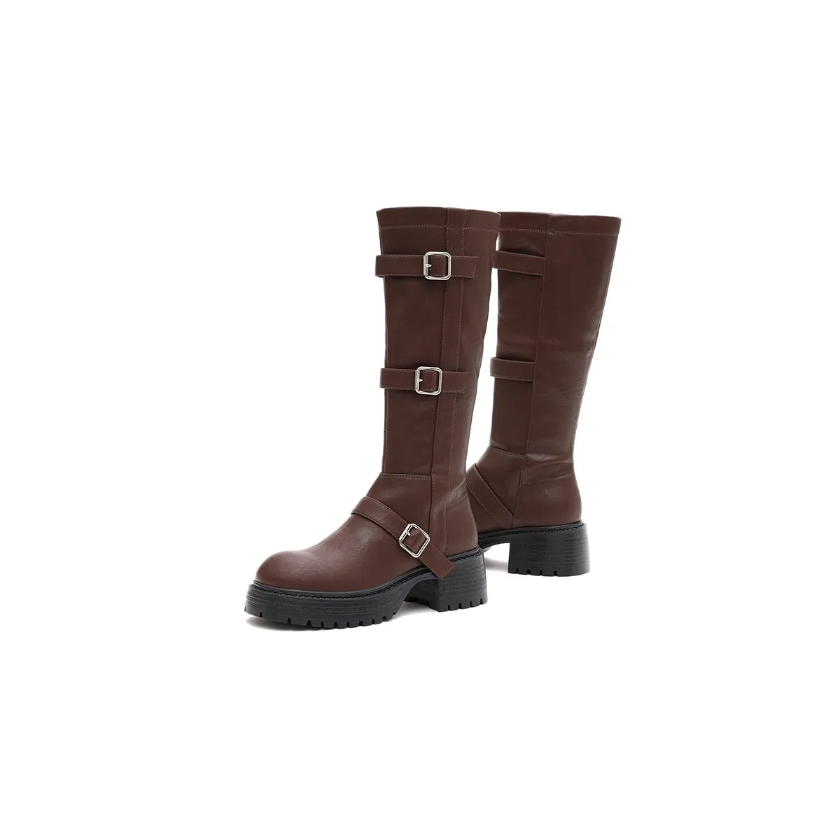 Mid-Calf Leather Boots with Buckles