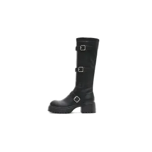 Mid-Calf Leather Boots with Buckles