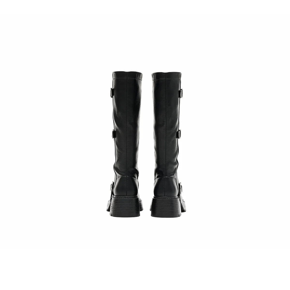 Mid-Calf Leather Boots with Buckles