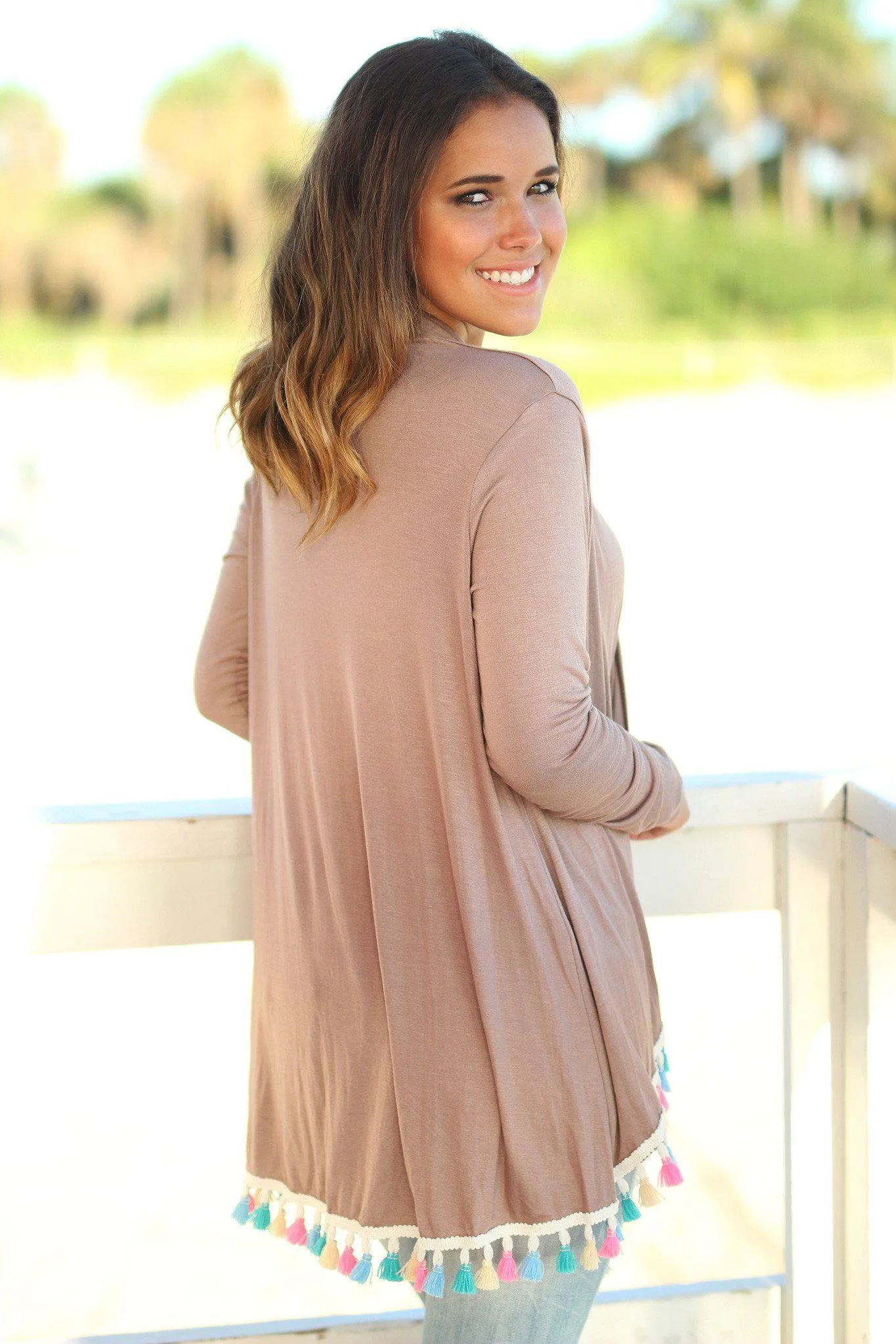 Mocha Cardigan with Multicolor Tassels