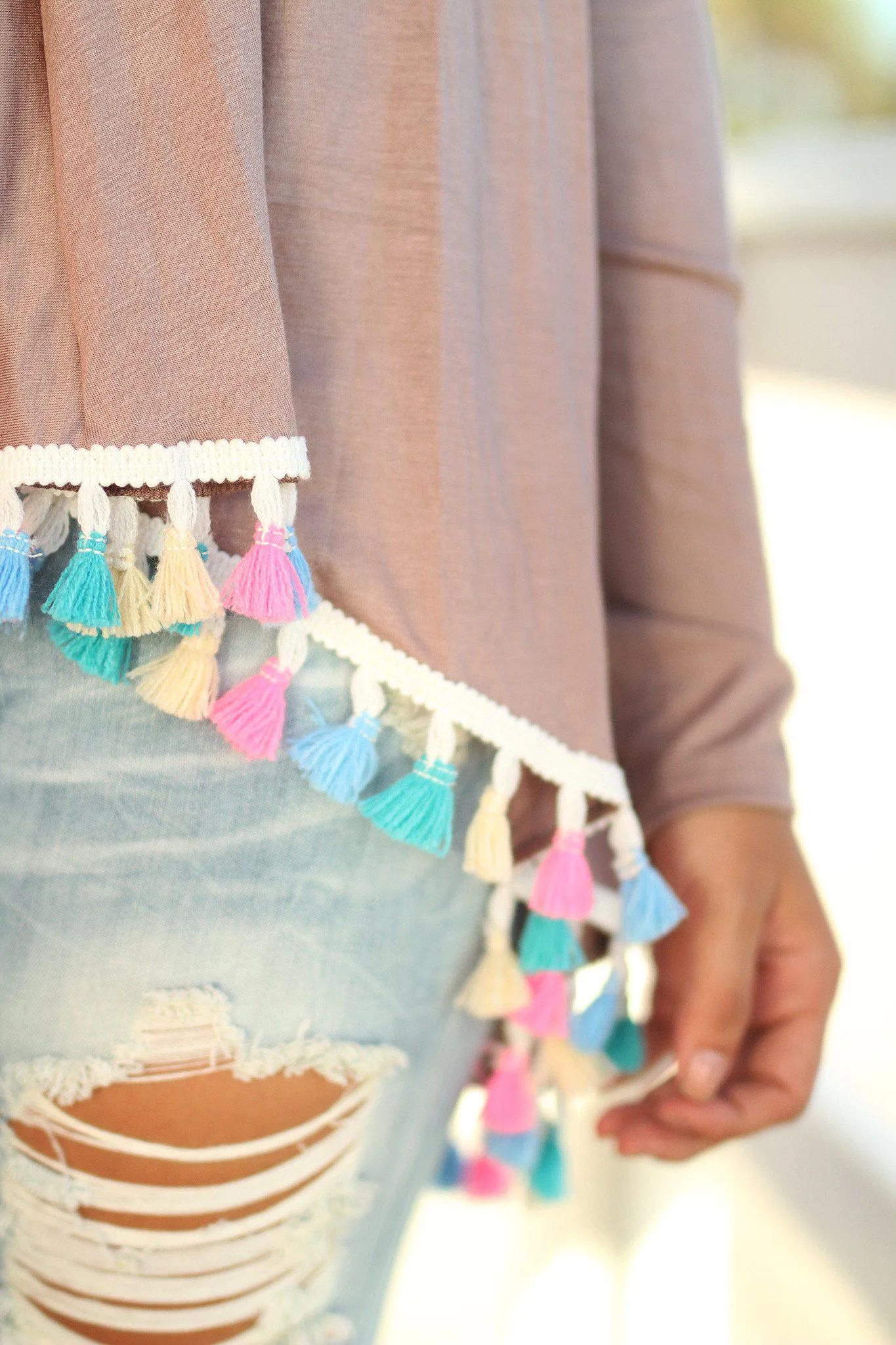 Mocha Cardigan with Multicolor Tassels