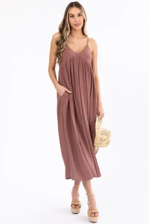 Mocha Woven Strapless Flowy Midi Dress