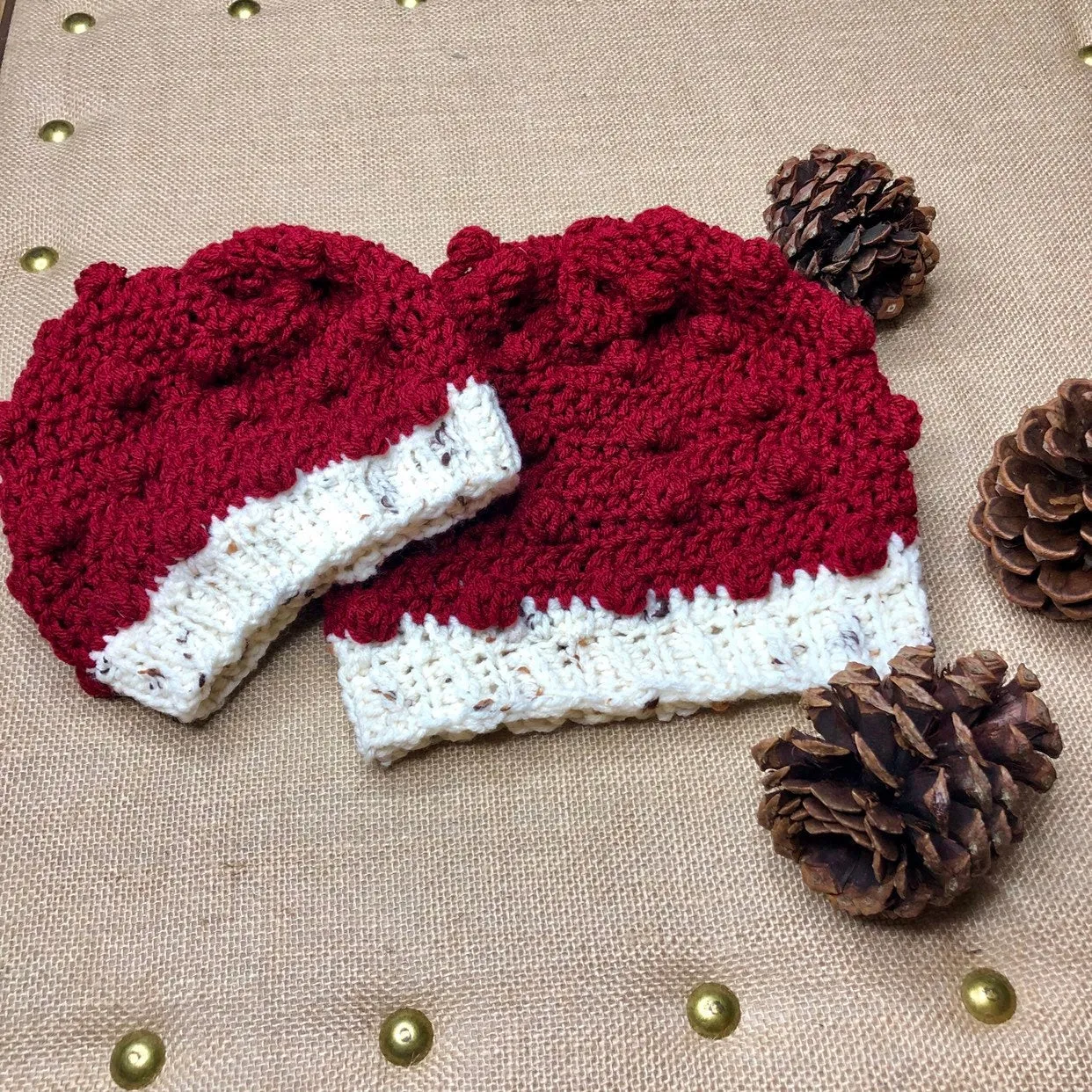 Mommy and Me Hand Knit Crochet  Set Christmas Red and Ivory Winter Hat | Slouchy Hat | Puff Beanie Cozy Thick Winter Hat | Women Winter Hat