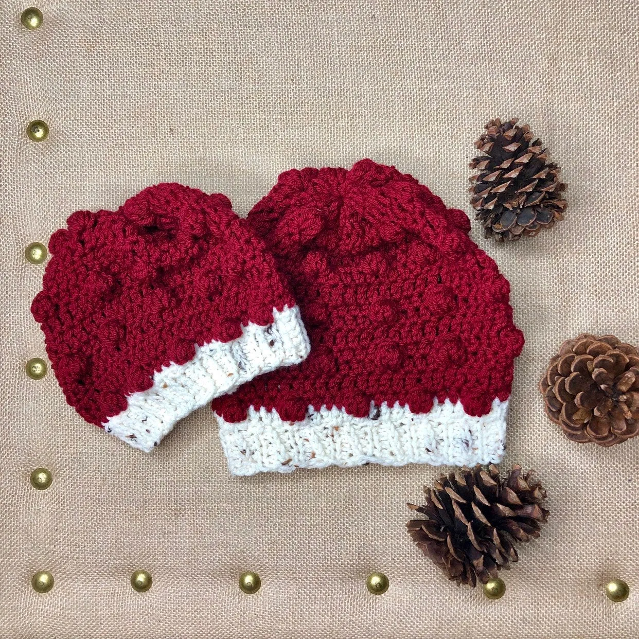 Mommy and Me Hand Knit Crochet  Set Christmas Red and Ivory Winter Hat | Slouchy Hat | Puff Beanie Cozy Thick Winter Hat | Women Winter Hat