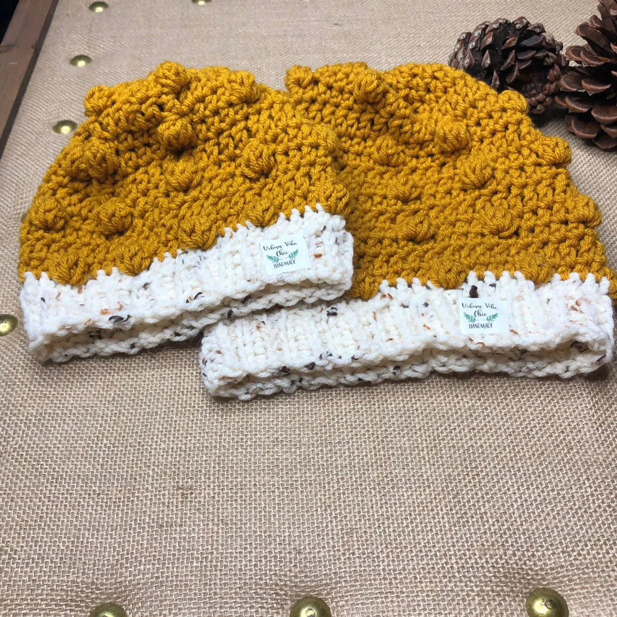 Mommy and Me Hand Knit Crochet  Set Mustard Yellow and Ivory Winter Hat | Slouchy Hat | Puff Beanie Cozy Thick Winter Hat | Women Winter Hat