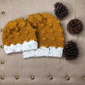 Mommy and Me Hand Knit Crochet  Set Mustard Yellow and Ivory Winter Hat | Slouchy Hat | Puff Beanie Cozy Thick Winter Hat | Women Winter Hat