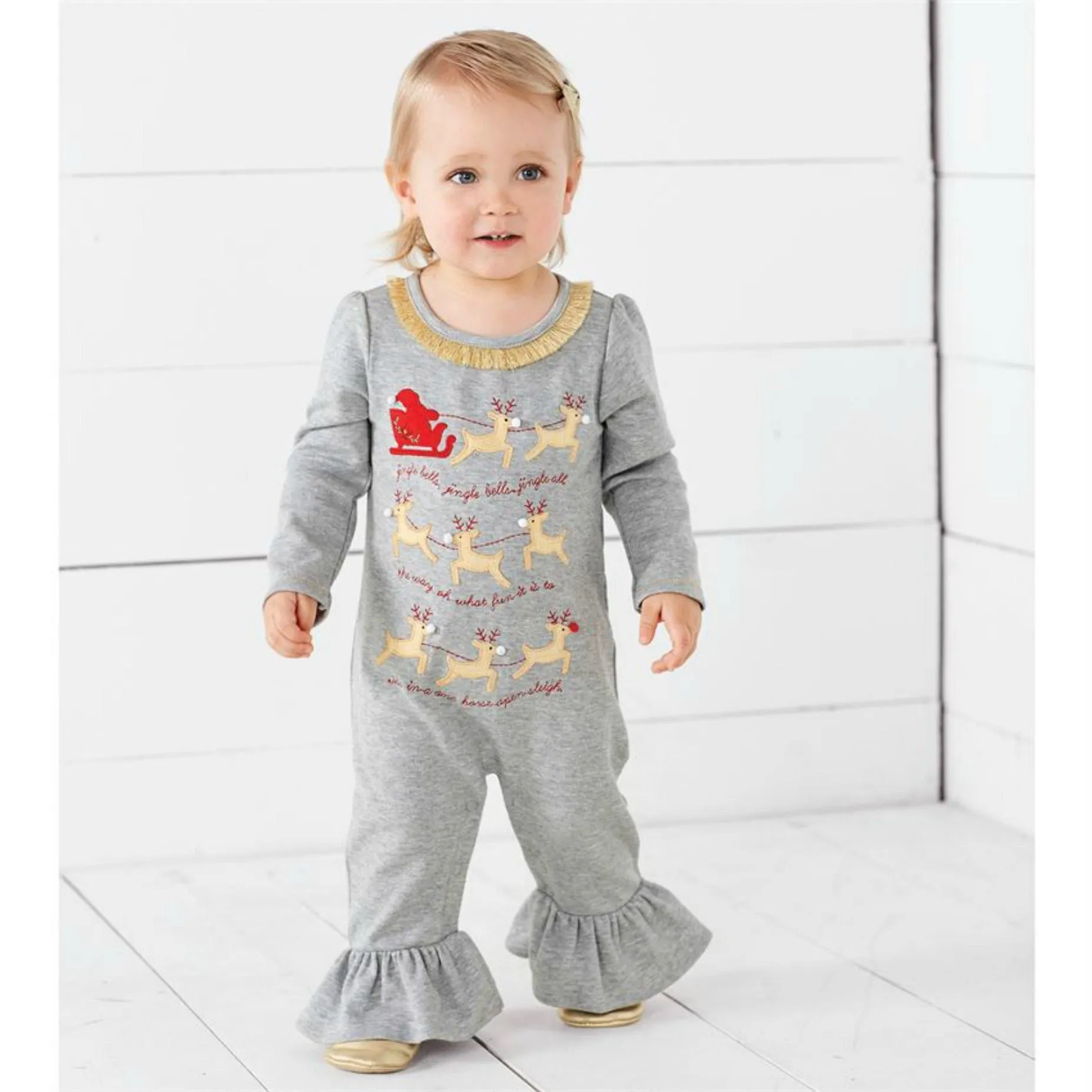 Mudpie Baby Gray Jingle Bells Reindeer Sleigh One Piece Outfit