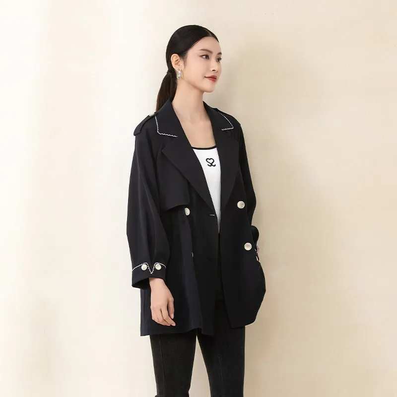 Navy Blue Lapel Waisted Double Breasted Trench Coats