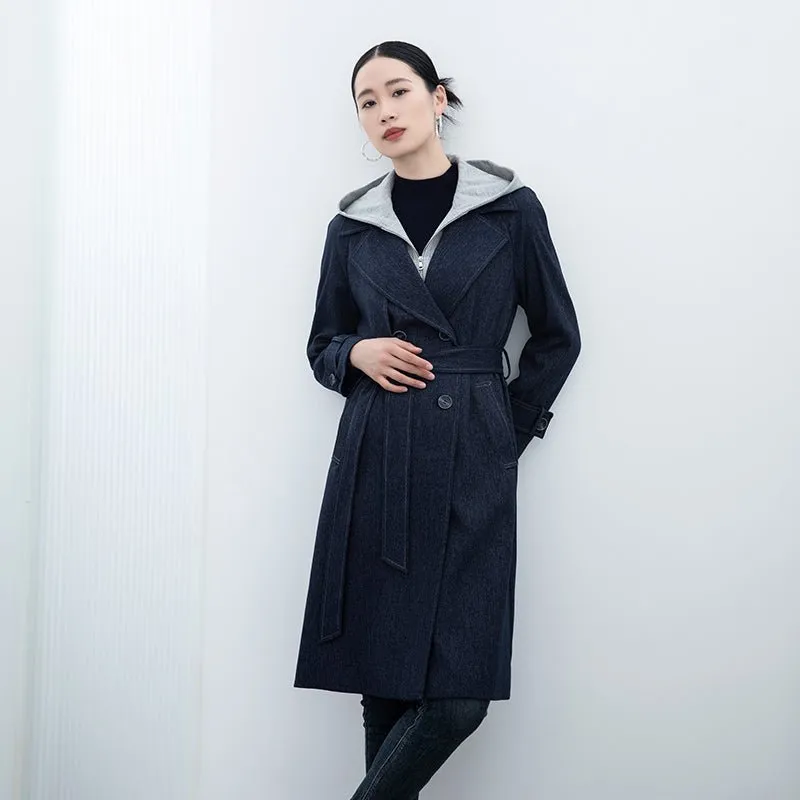 Navy Blue Long Denim Trench Coats