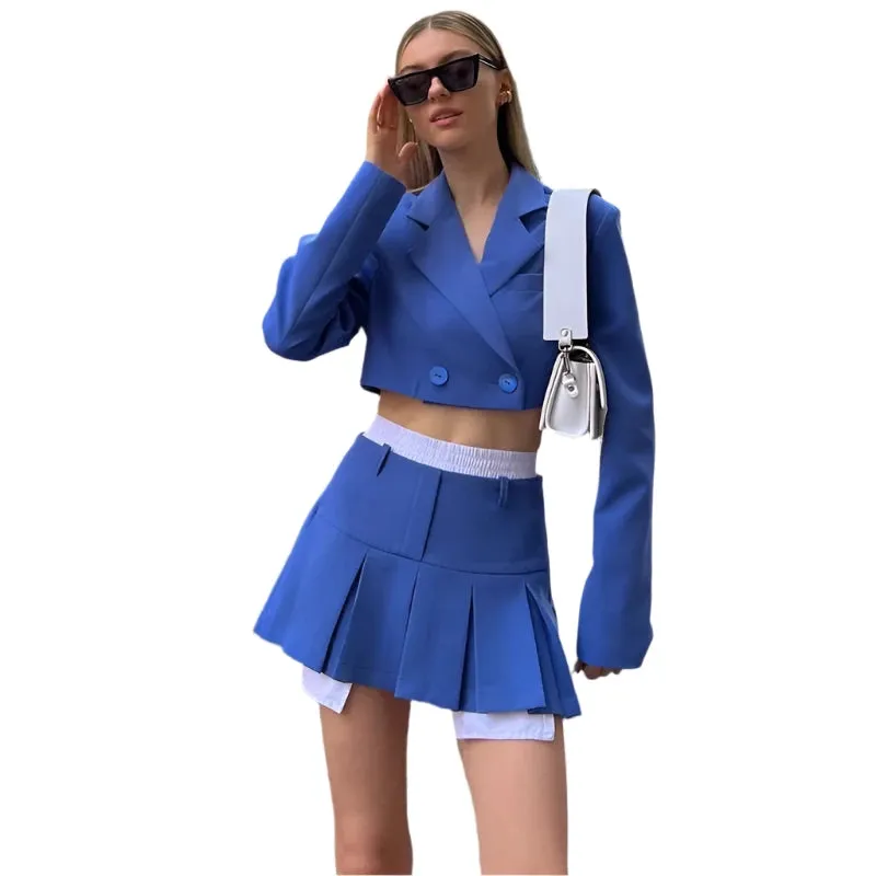 Neon Cropped Two Piece Womens Set/Black Matching Sets With Skirt & Blazer