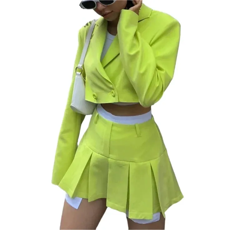 Neon Cropped Two Piece Womens Set/Black Matching Sets With Skirt & Blazer