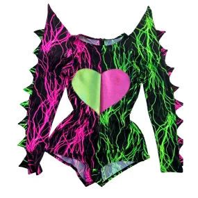 Neon UV Glow Color Split Broken Heart Romper with Spiked Mega Sharp Shoulders