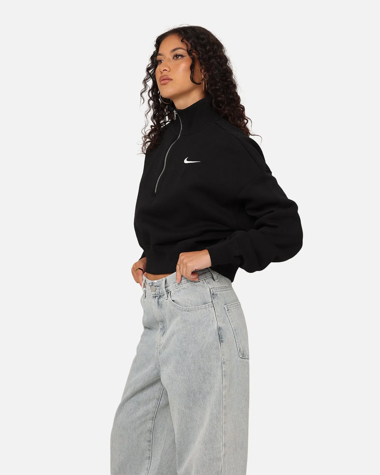 Nike Women's Sportswear Style Phoenix Fleece Cropped Half Zip Sweatshirt Black/Sail