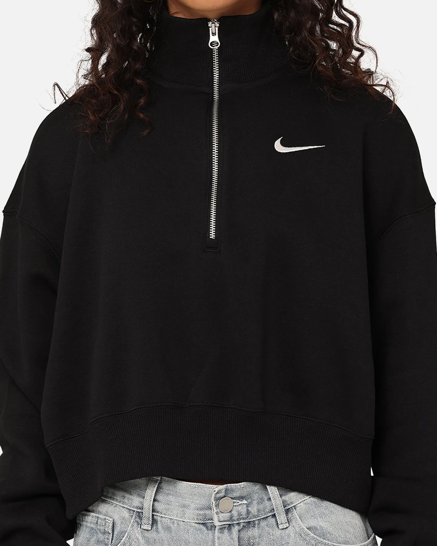 Nike Women's Sportswear Style Phoenix Fleece Cropped Half Zip Sweatshirt Black/Sail