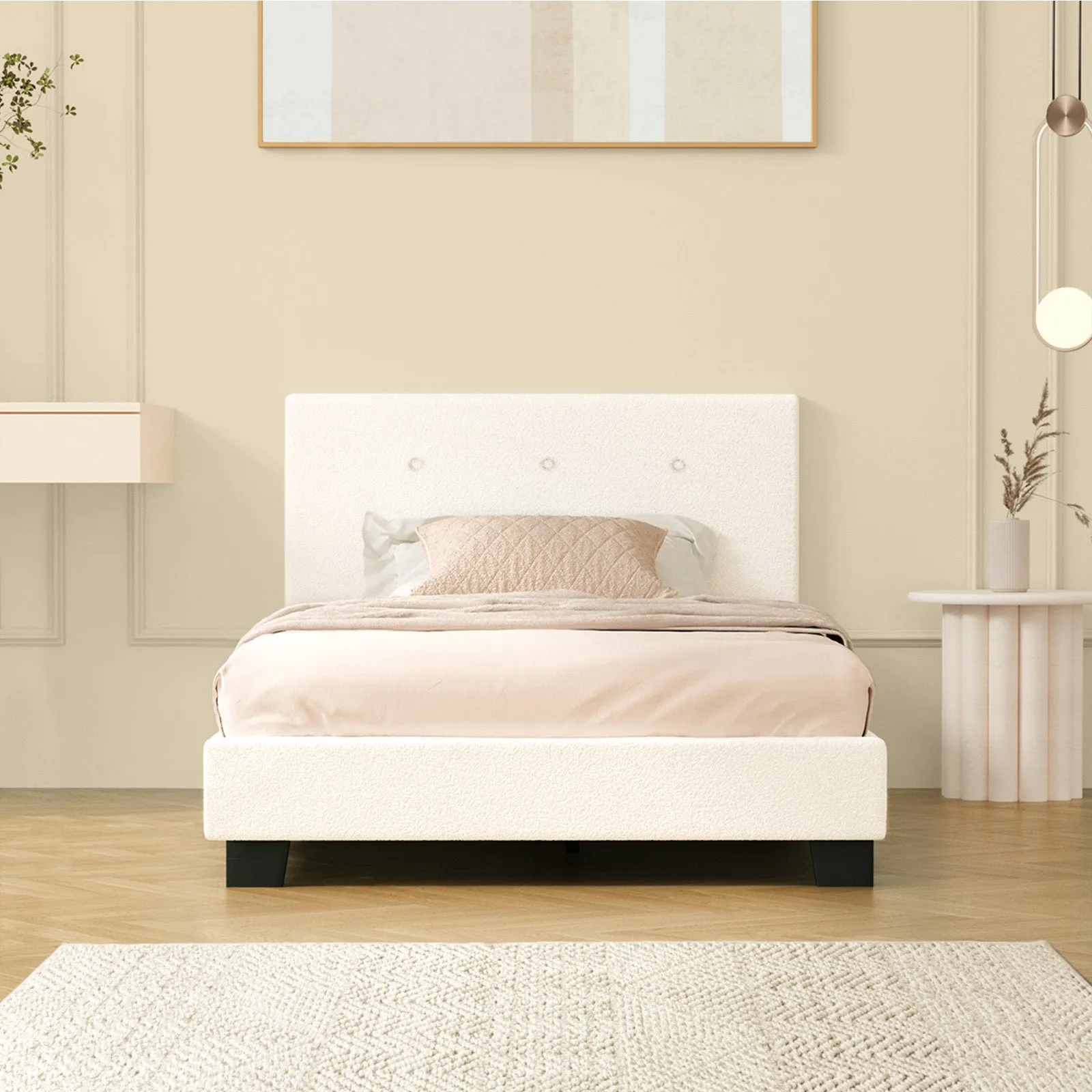 Oikiture Bed Frame Single Size Bed Platform White Boucle