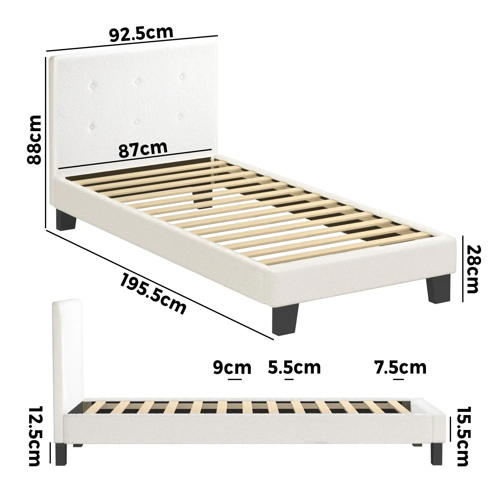 Oikiture Bed Frame Single Size Bed Platform White Boucle