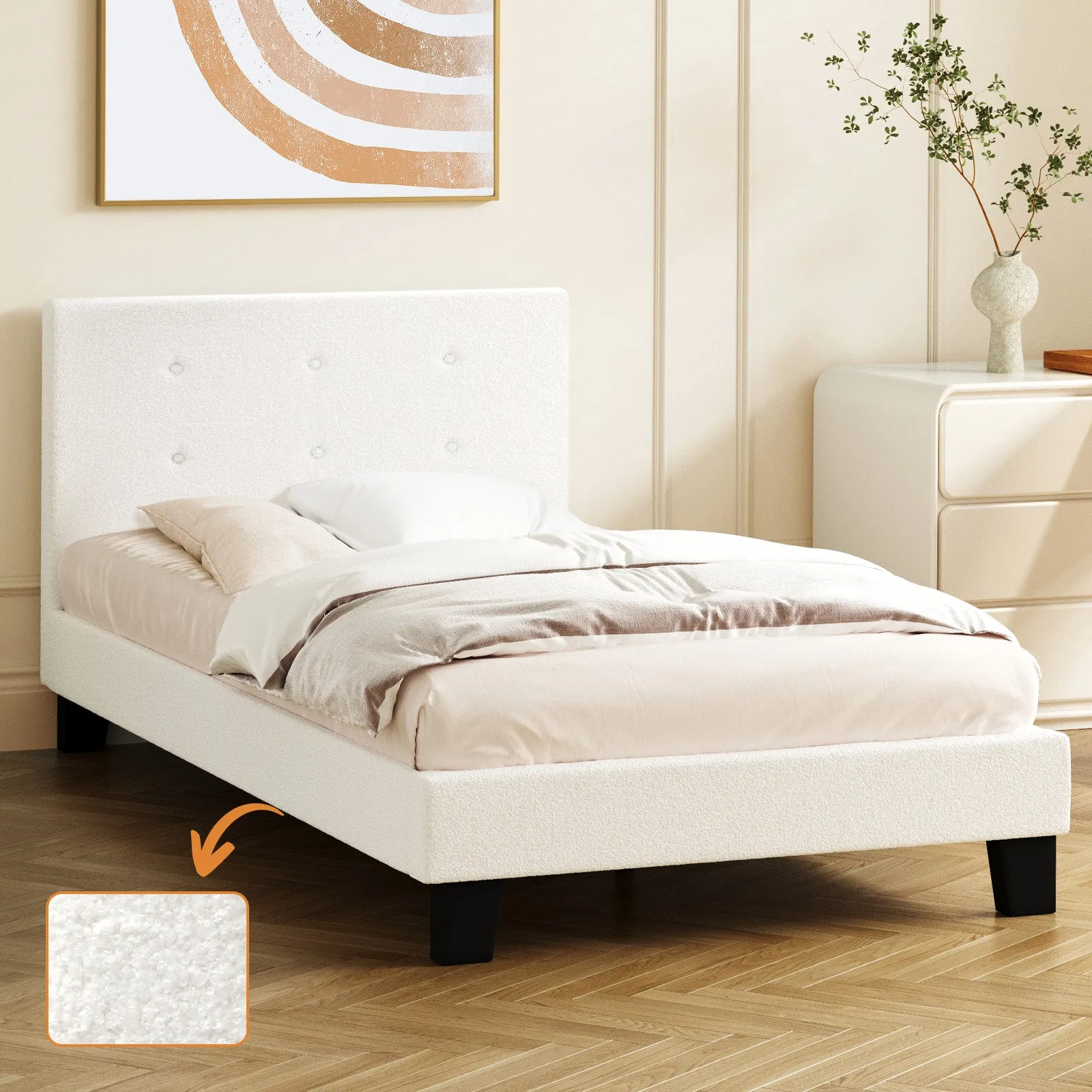 Oikiture Bed Frame Single Size Bed Platform White Boucle