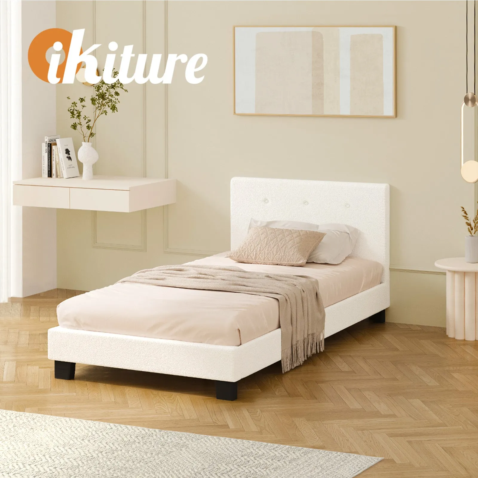 Oikiture Bed Frame Single Size Bed Platform White Boucle