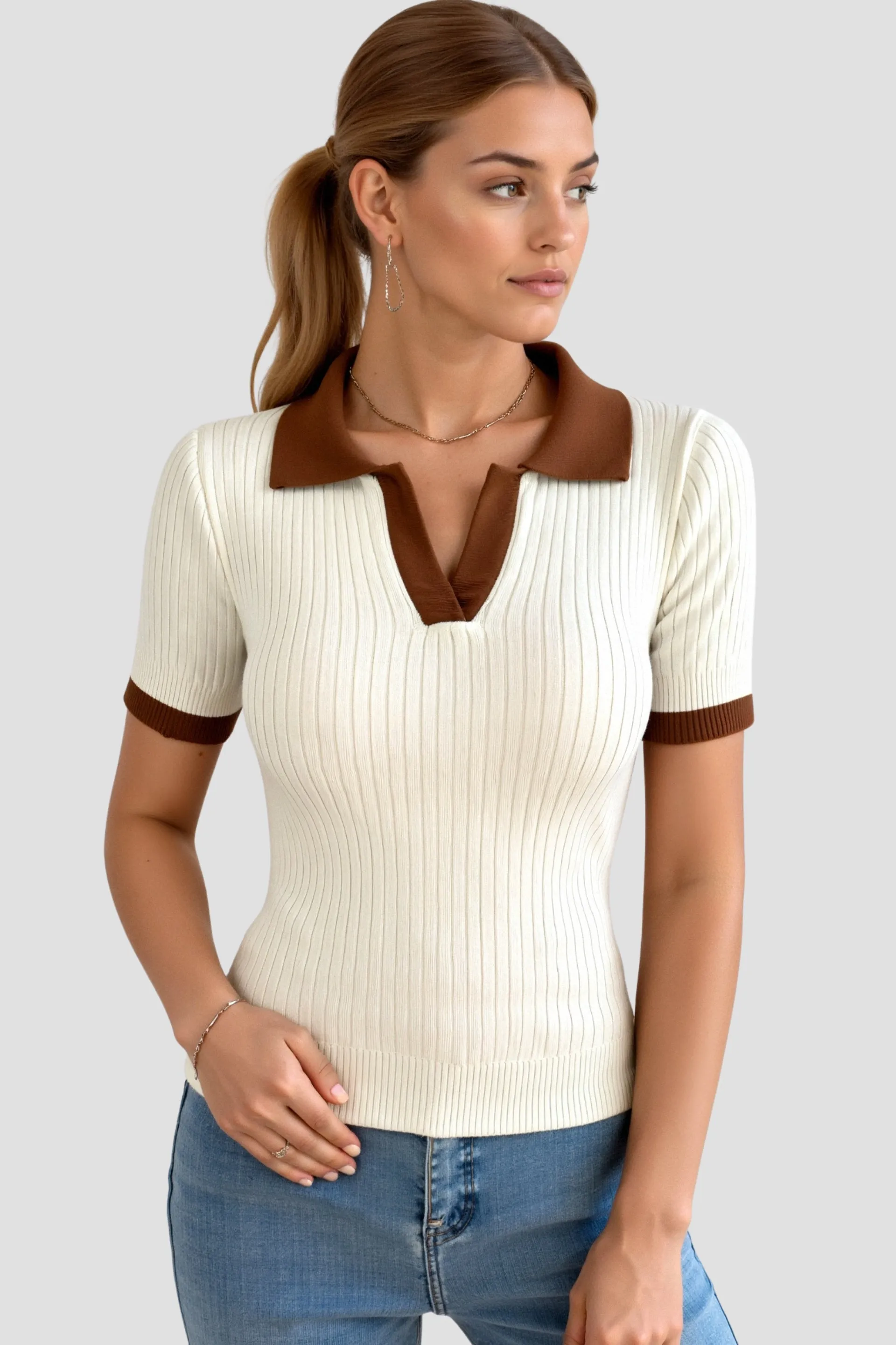 Old Money Casual Polo Color Block Notched Collar Knitted Top