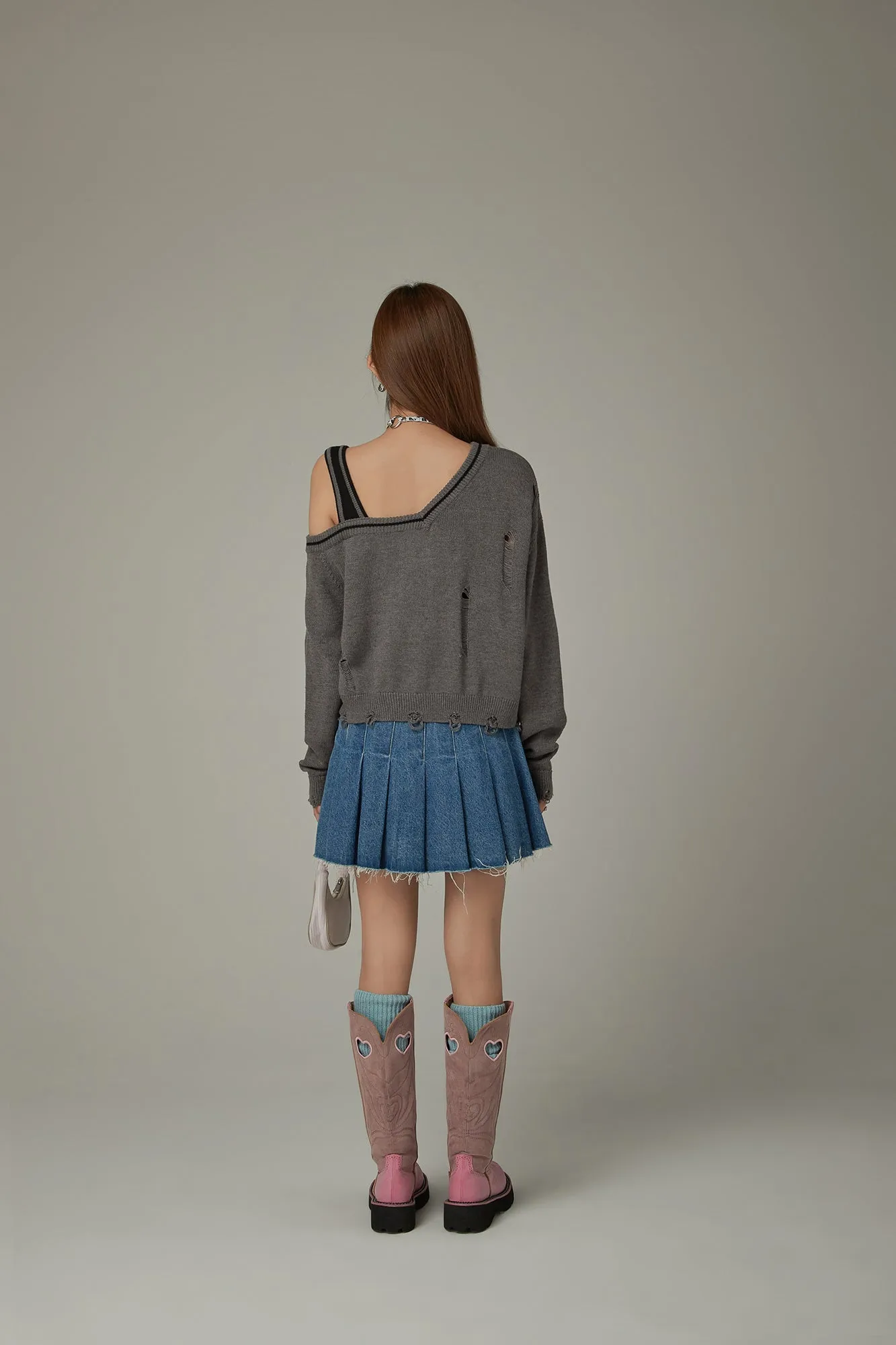 One Shoulder Cropped Loose Fit Knit Sweater