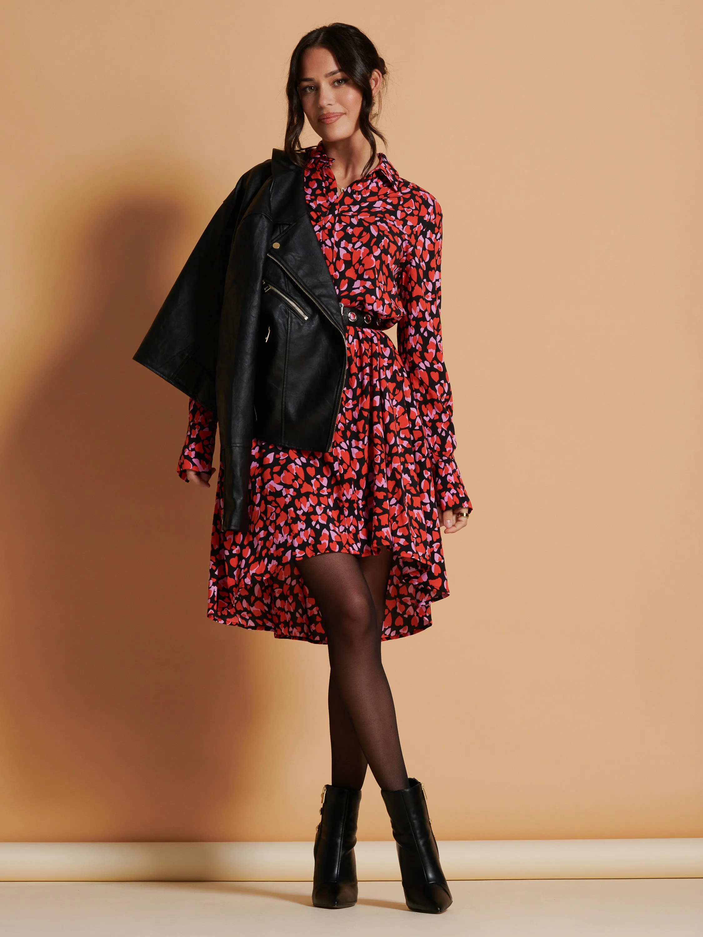 Oversized Dipped Hem Shirt Dress, Red Multi