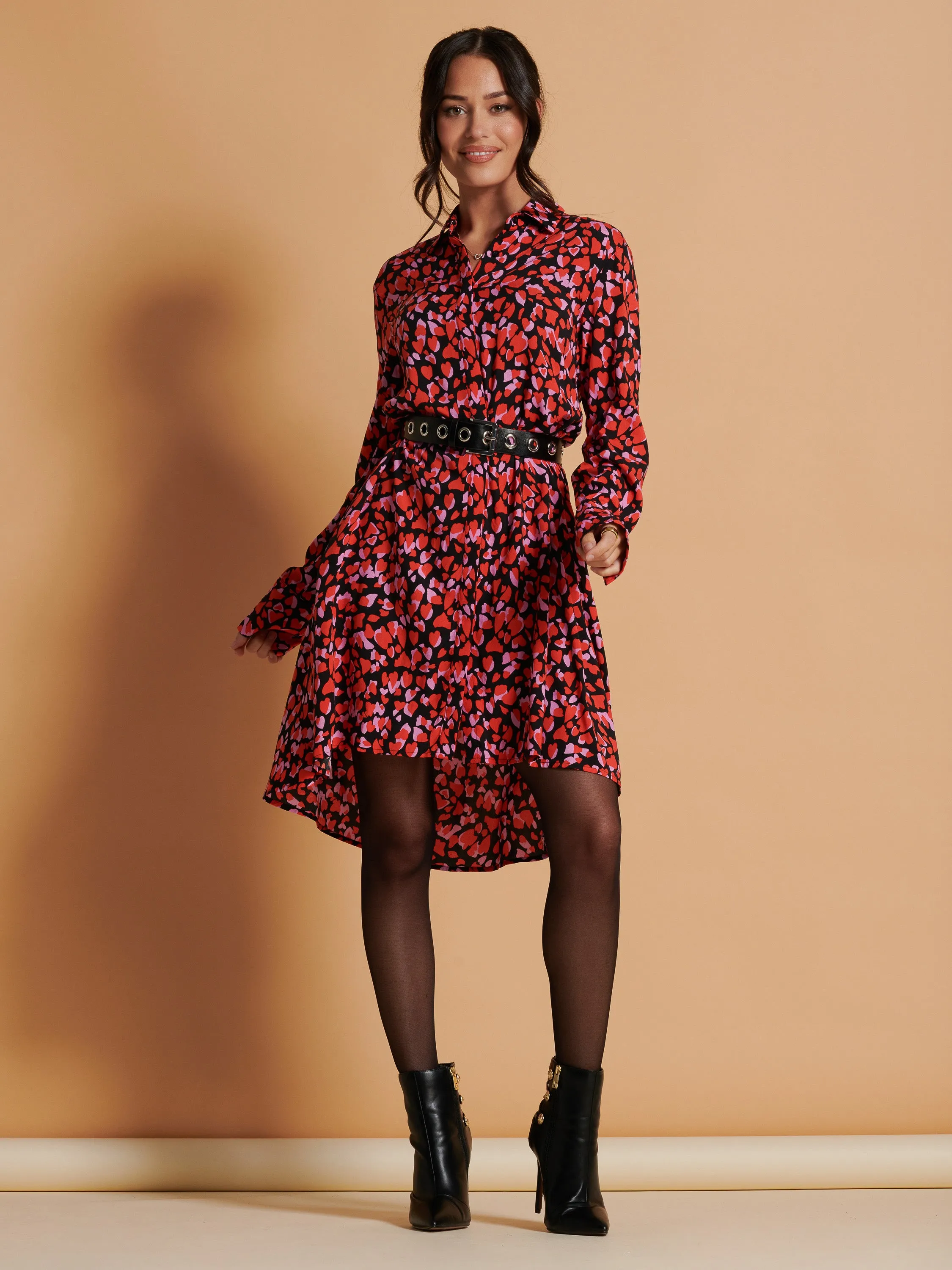 Oversized Dipped Hem Shirt Dress, Red Multi