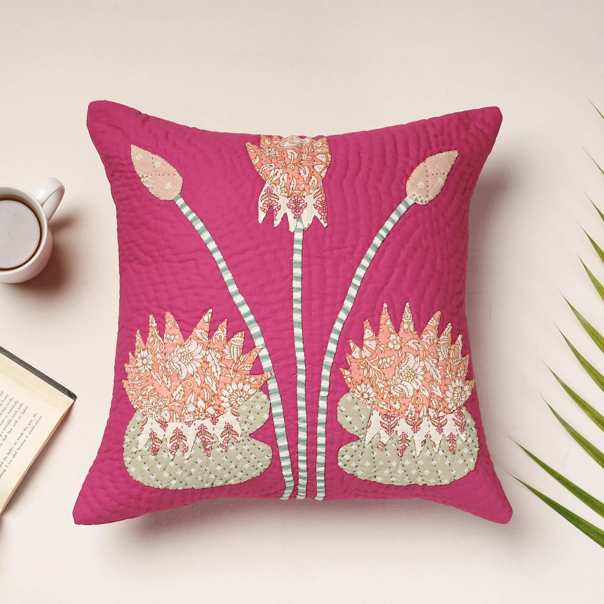 Pink - Applique Quilted Cotton Cushion Cover (16 x 16 in)