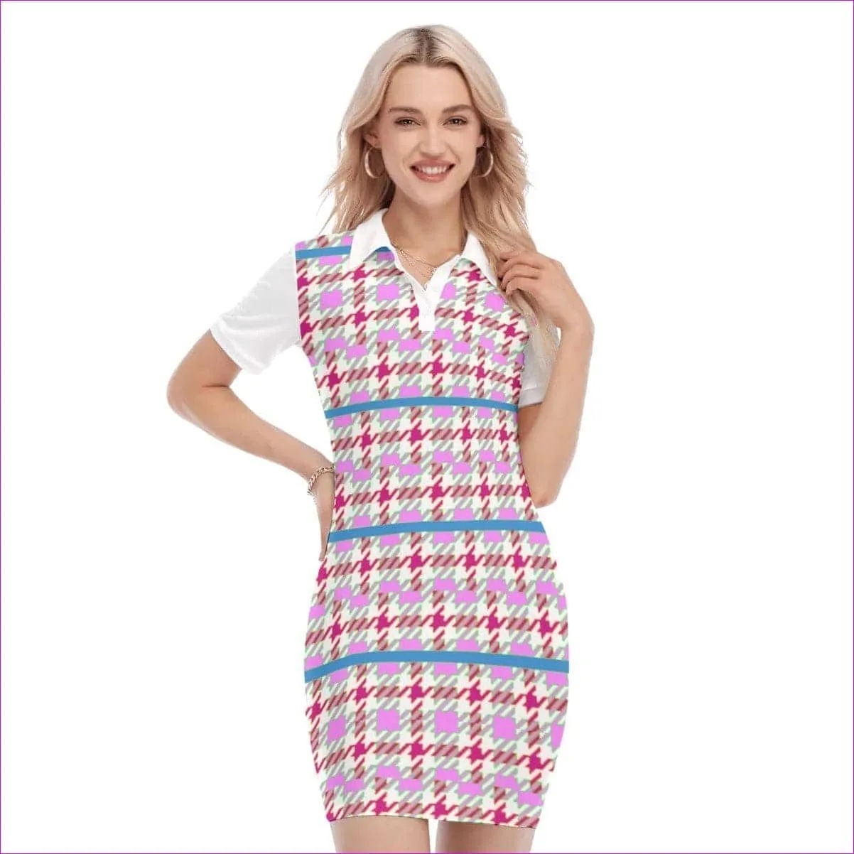 Pink Houndstooth Womens Polo Collar Dress